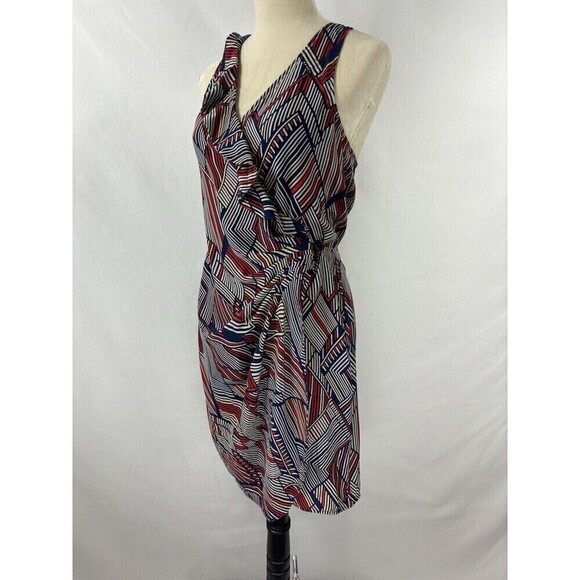 Parker Wrap Dress Blue Red Print Medium Silk Racer Back Knee Length Sleeveless - Picture 1 of 9